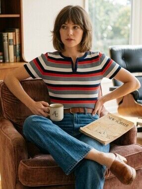 Vintage 1970s Alex Colman Sportswear Striped Knit Henley Top - Size XL